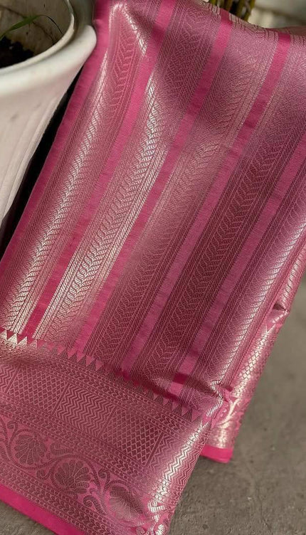 Baby Pink Soft Silk Saree with Silver Zari Border