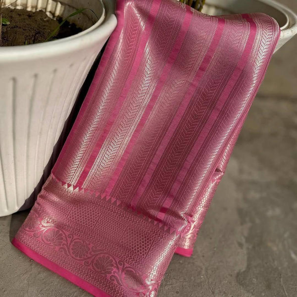 Baby Pink Soft Silk Saree with Silver Zari Border