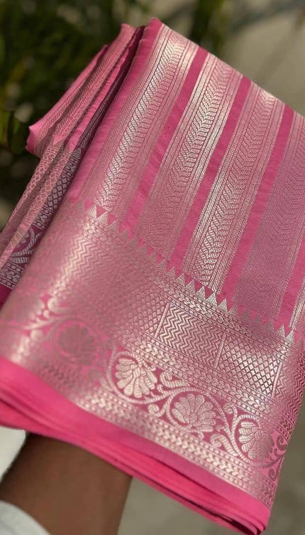 Baby Pink Soft Silk Saree with Silver Zari Border