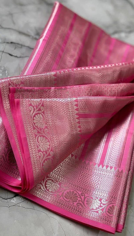 Baby Pink Soft Silk Saree with Silver Zari Border