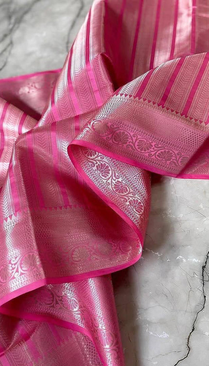 Baby Pink Soft Silk Saree with Silver Zari Border