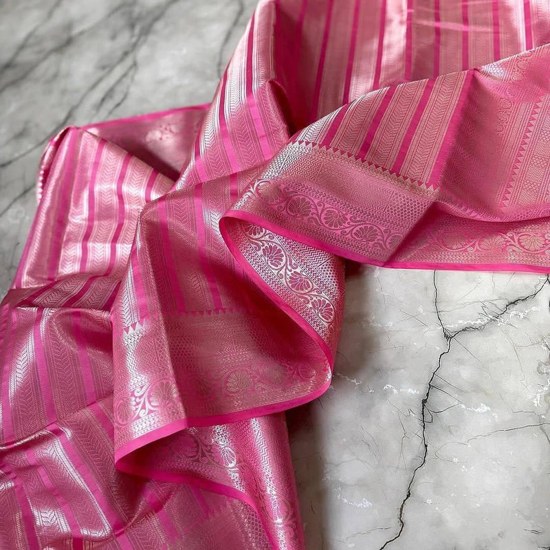 Baby Pink Soft Silk Saree with Silver Zari Border