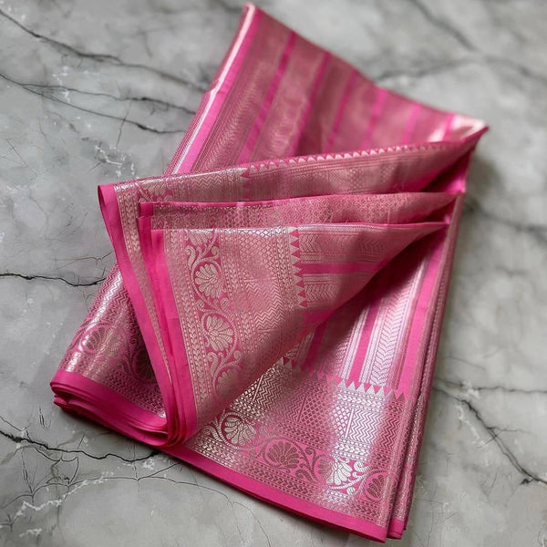 Baby Pink Soft Silk Saree with Silver Zari Border