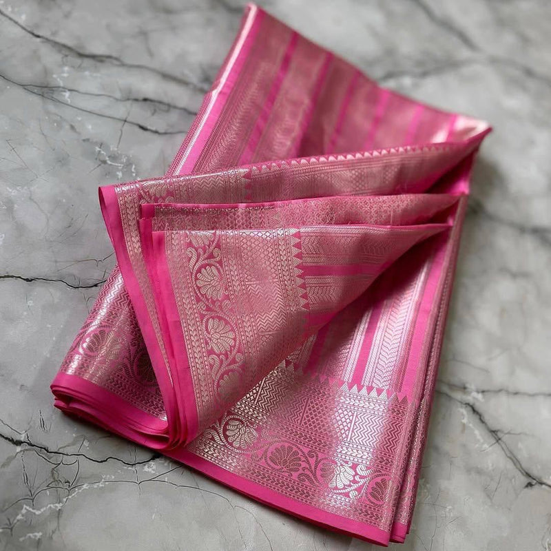 Baby Pink Soft Silk Saree with Silver Zari Border