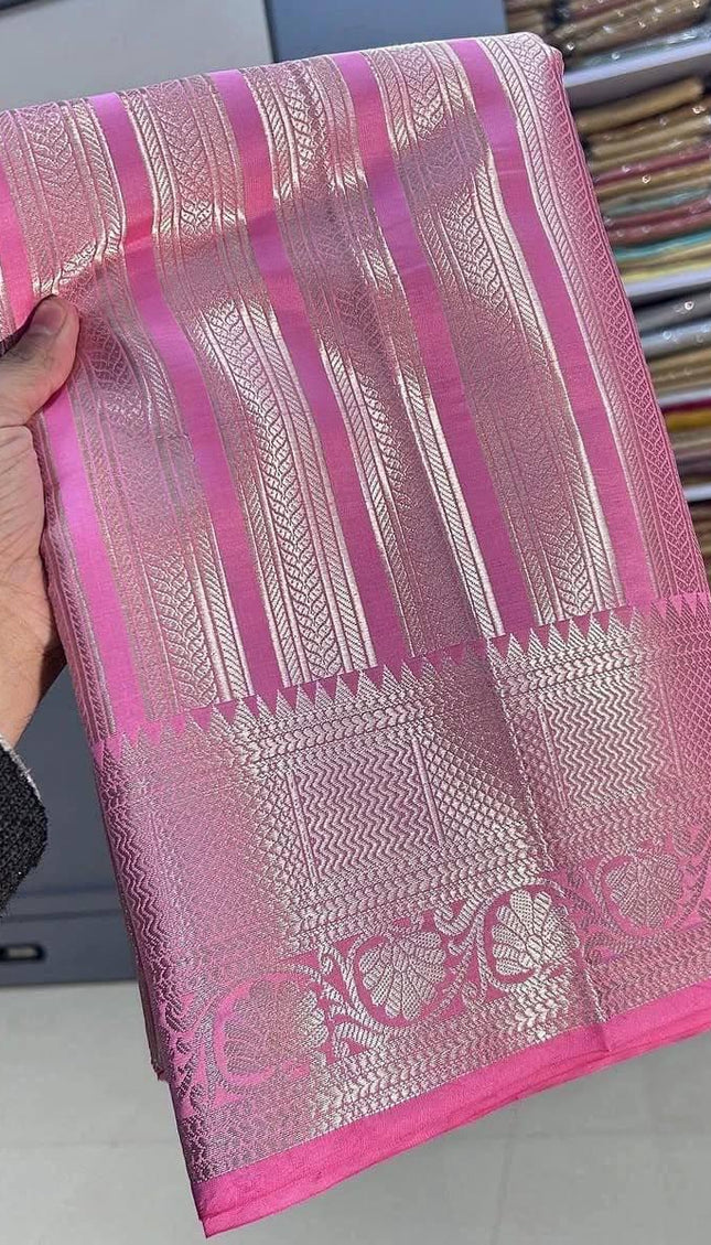 Baby Pink Soft Silk Saree with Silver Zari Border