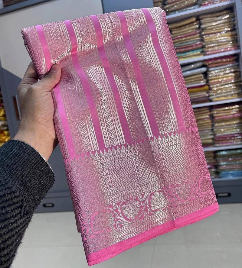 Baby Pink Soft Silk Saree with Silver Zari Border
