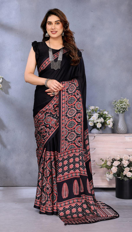 Black Bandhani Print Silk Saree with Patola Pallu