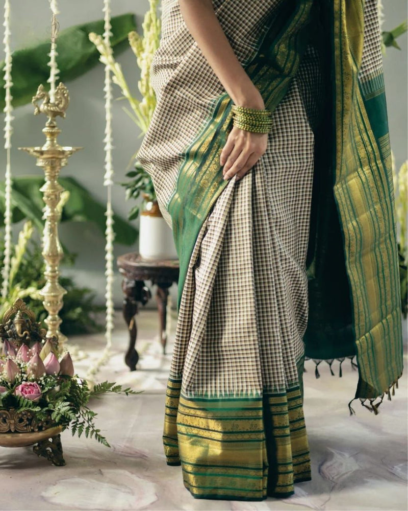 Traditional Green Checks Silk Saree with Temple Border