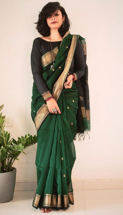 Deep Green Cotton Silk Saree with Gold Zari Border