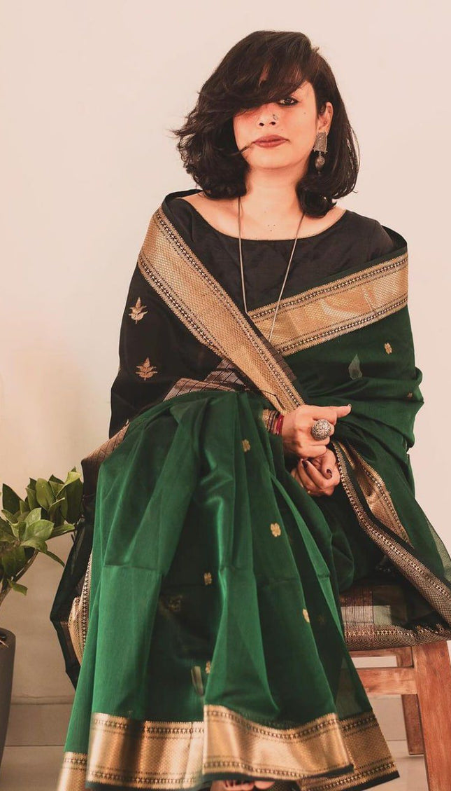 Deep Green Cotton Silk Saree with Gold Zari Border