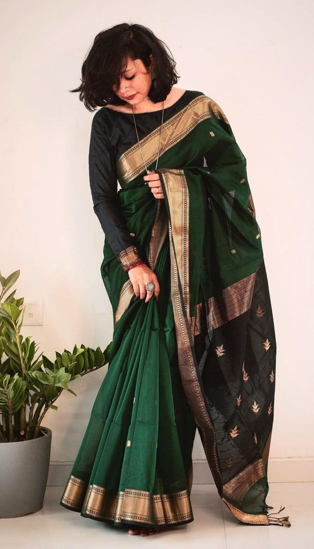 Deep Green Cotton Silk Saree with Gold Zari Border