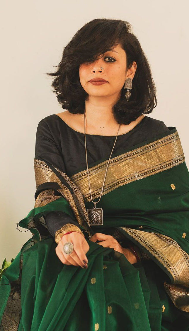 Deep Green Cotton Silk Saree with Gold Zari Border