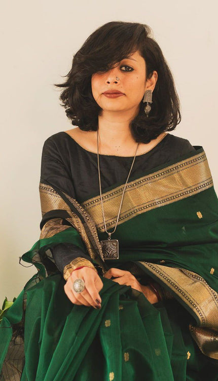 Deep Green Cotton Silk Saree with Gold Zari Border