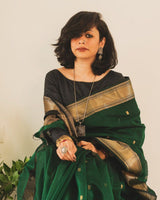 Deep Green Cotton Silk Saree with Gold Zari Border