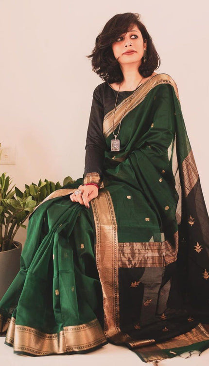 Deep Green Cotton Silk Saree with Gold Zari Border