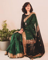 Deep Green Cotton Silk Saree with Gold Zari Border