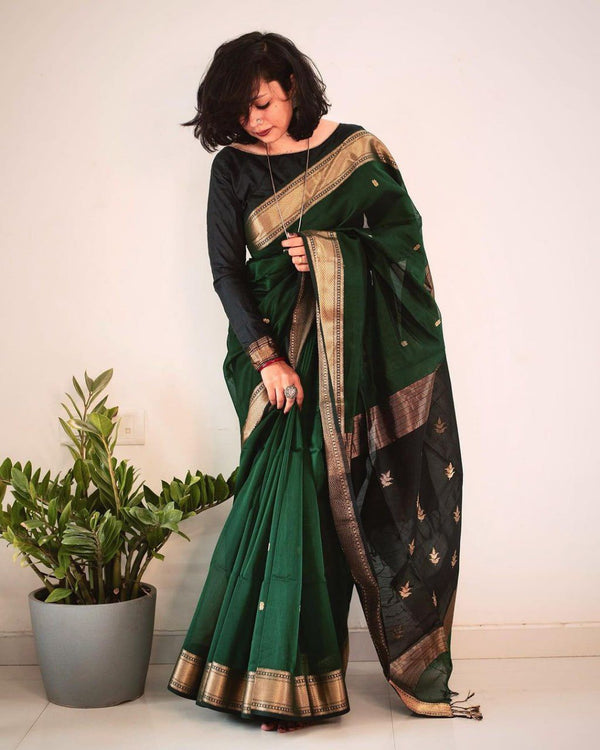 Deep Green Cotton Silk Saree with Gold Zari Border