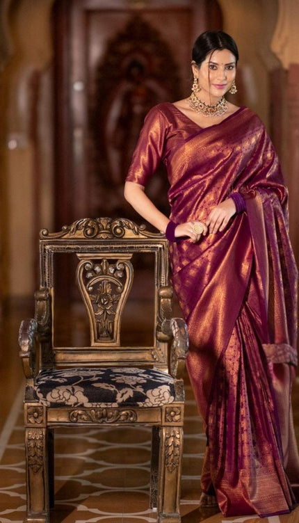 Banarasi Crimson Wine Silk Saree with Gold Zari Weave