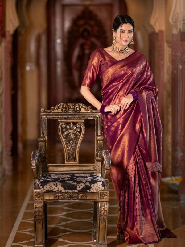 Banarasi Crimson Wine Silk Saree with Gold Zari Weave