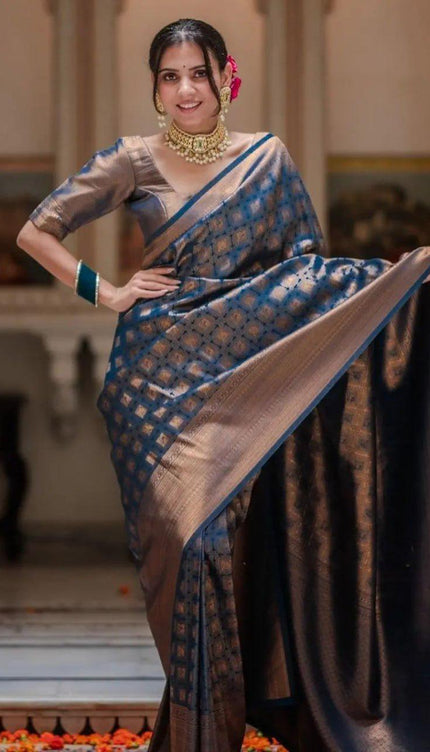 Banarasi Crimson Navy Blue Silk Saree with Gold Zari Weave