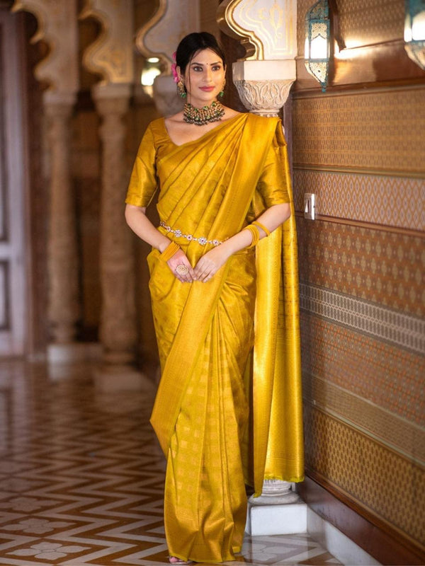 Banarasi Crimson Yellow Silk Saree with Gold Zari Weave