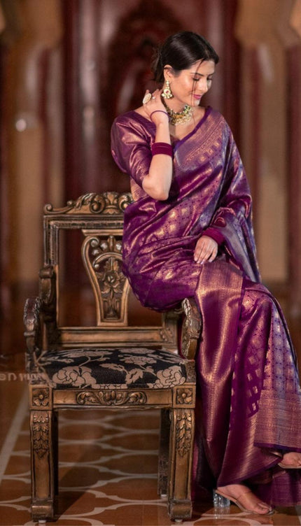 Banarasi Crimson Purple Silk Saree with Gold Zari Weave
