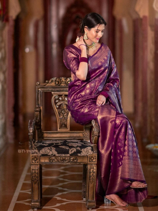 Banarasi Crimson Purple Silk Saree with Gold Zari Weave