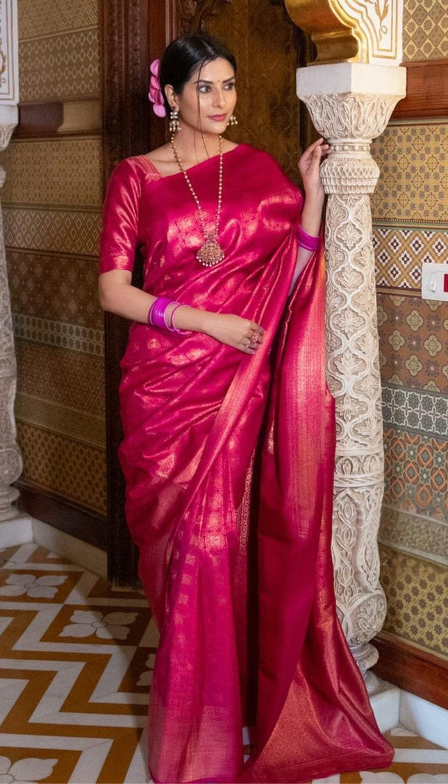 Banarasi Crimson Ruby Silk Saree with Gold Zari Weave
