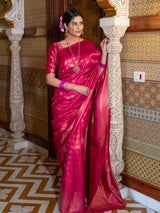 Banarasi Crimson Ruby Silk Saree with Gold Zari Weave