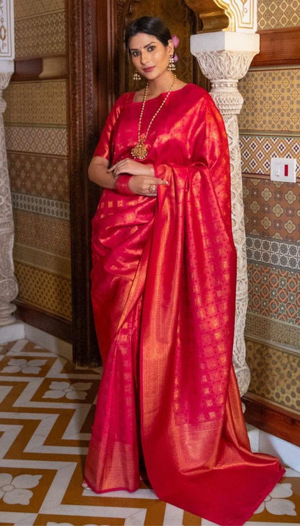 Banarasi Crimson Red Silk Saree with Gold Zari Weave