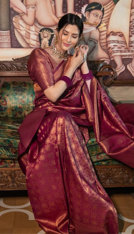 Banarasi Crimson Wine Silk Saree with Gold Zari Weave