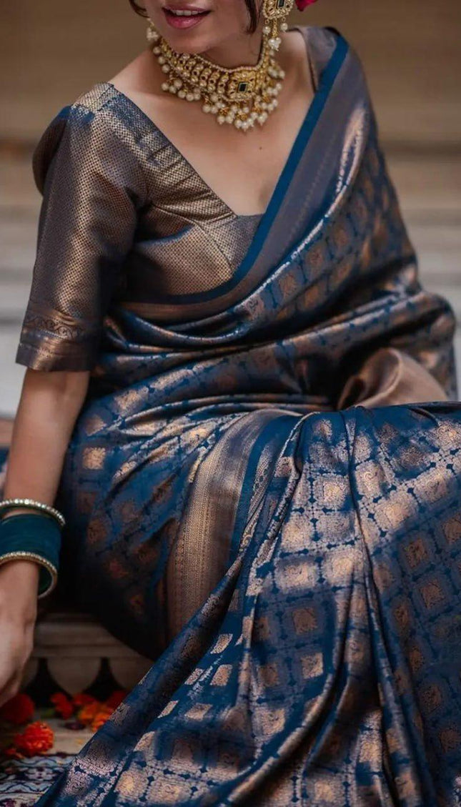 Banarasi Crimson Navy Blue Silk Saree with Gold Zari Weave