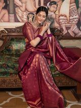 Banarasi Crimson Wine Silk Saree with Gold Zari Weave
