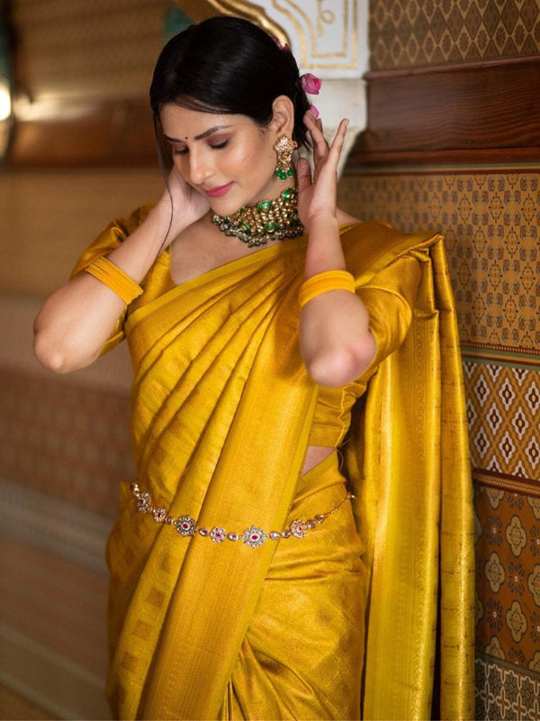 Banarasi Crimson Yellow Silk Saree with Gold Zari Weave