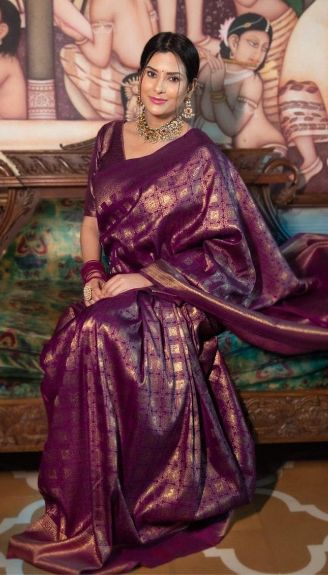 Banarasi Crimson Purple Silk Saree with Gold Zari Weave