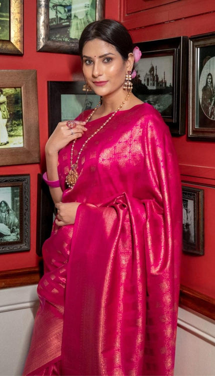 Banarasi Crimson Ruby Silk Saree with Gold Zari Weave
