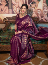 Banarasi Crimson Purple Silk Saree with Gold Zari Weave