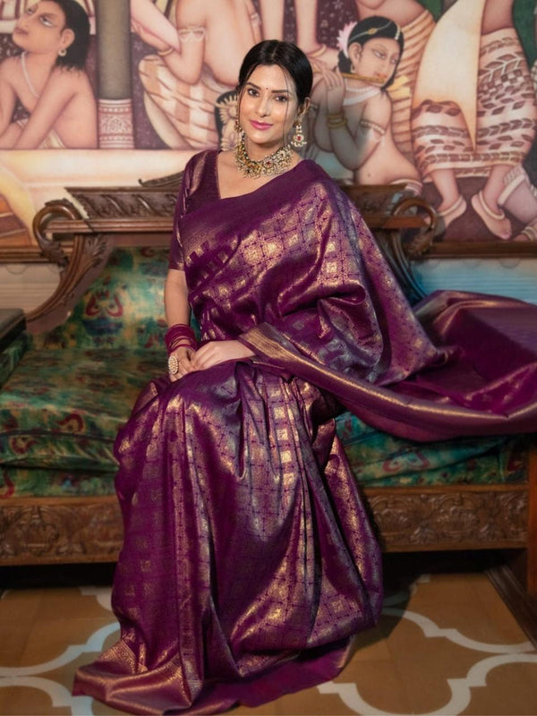 Banarasi Crimson Purple Silk Saree with Gold Zari Weave