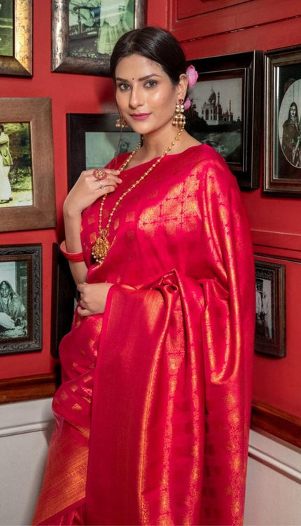 Banarasi Crimson Red Silk Saree with Gold Zari Weave