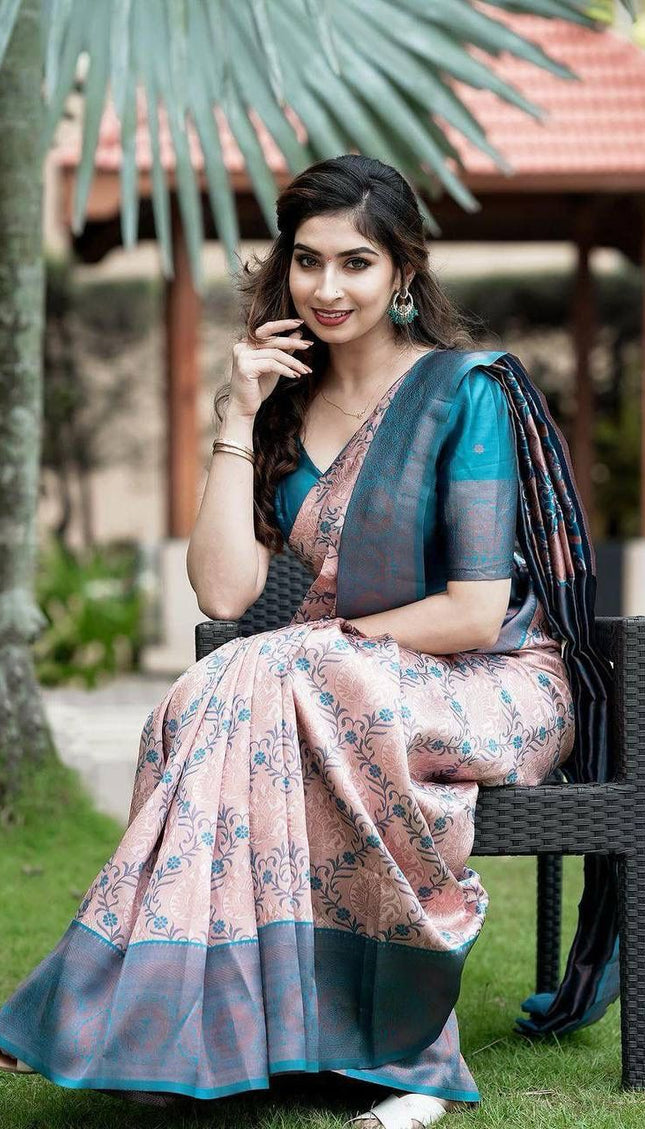 Blush Pink Soft Silk Saree with Teal Blue Contrast Border