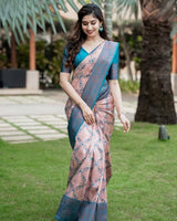 Blush Pink Soft Silk Saree with Teal Blue Contrast Border