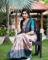 Blush Pink Soft Silk Saree with Teal Blue Contrast Border