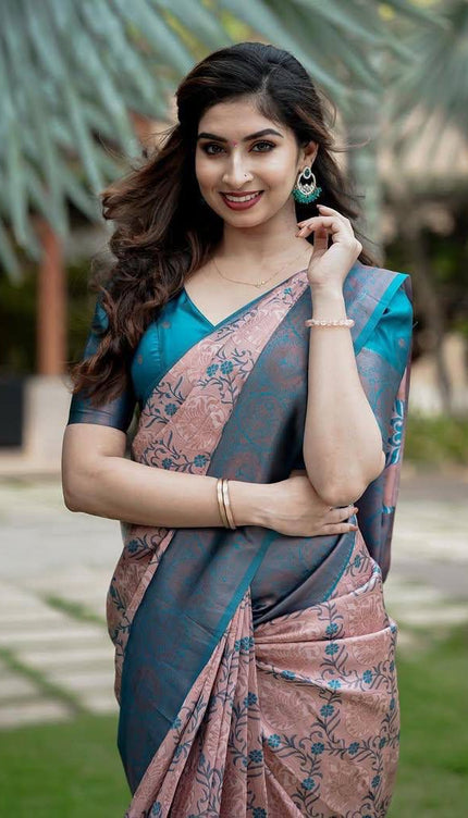Blush Pink Soft Silk Saree with Teal Blue Contrast Border