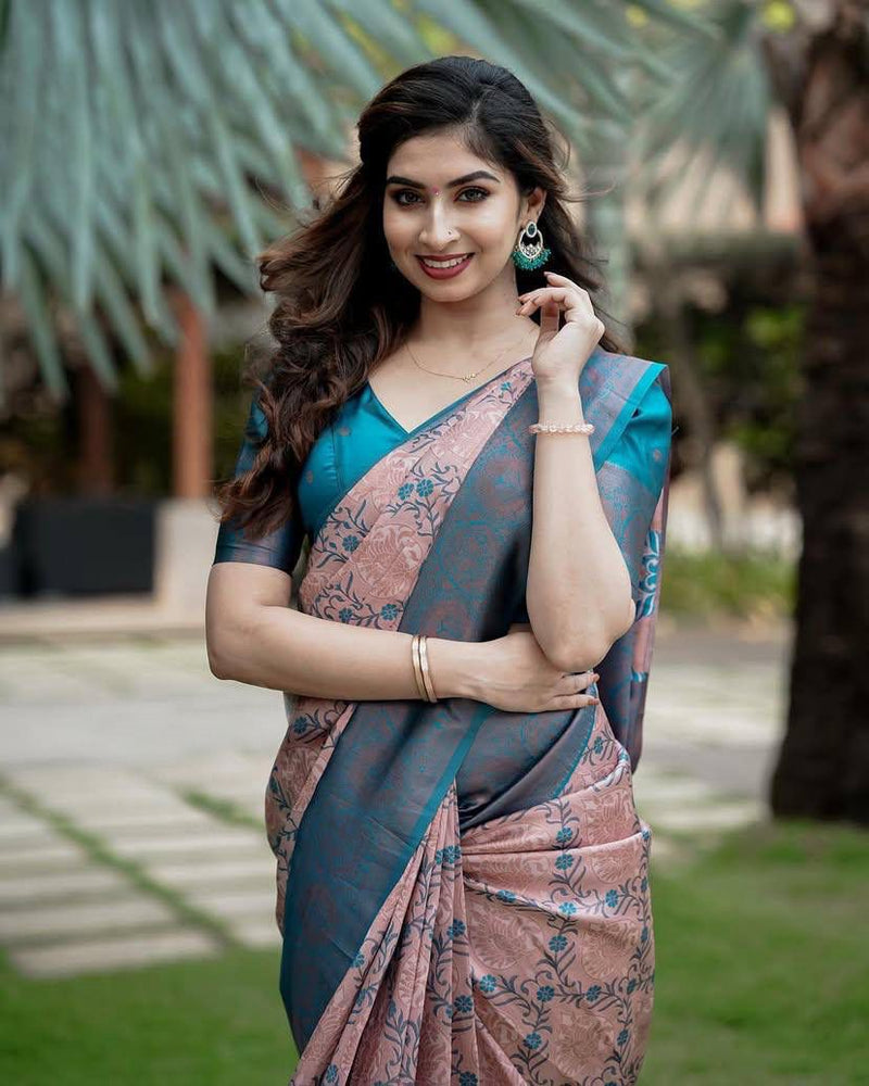 Blush Pink Soft Silk Saree with Teal Blue Contrast Border