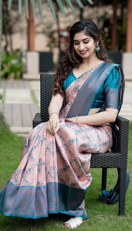 Blush Pink Soft Silk Saree with Teal Blue Contrast Border