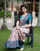 Blush Pink Soft Silk Saree with Teal Blue Contrast Border