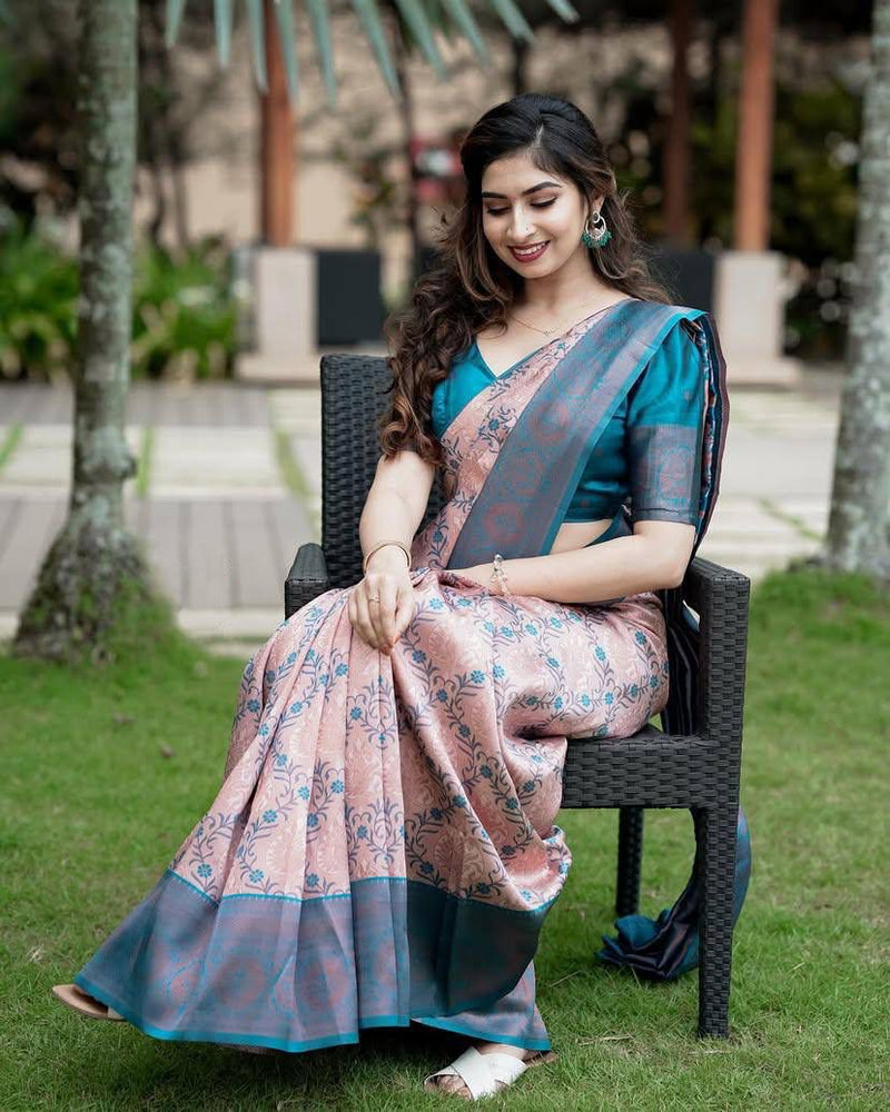 Blush Pink Soft Silk Saree with Teal Blue Contrast Border