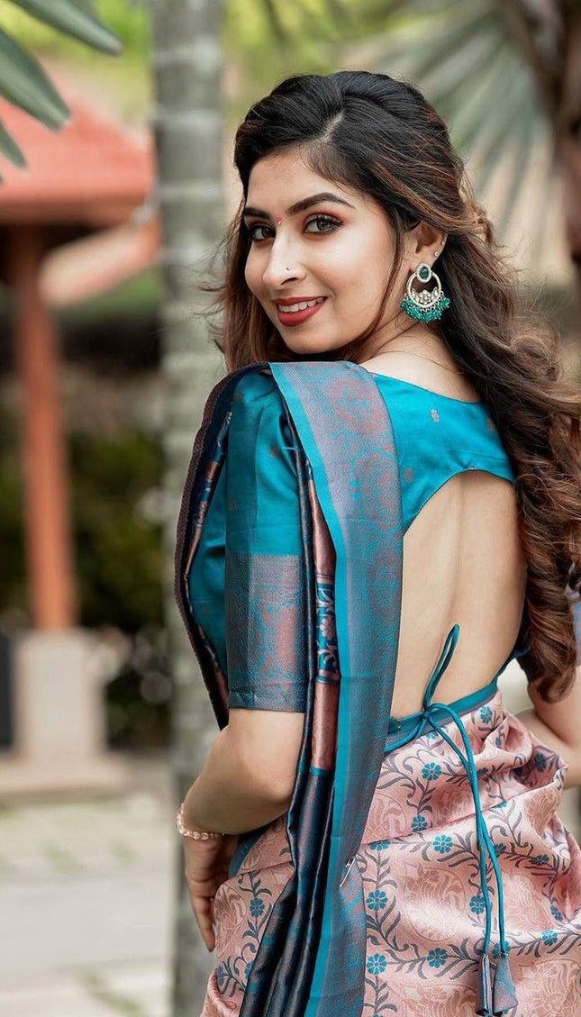 Blush Pink Soft Silk Saree with Teal Blue Contrast Border