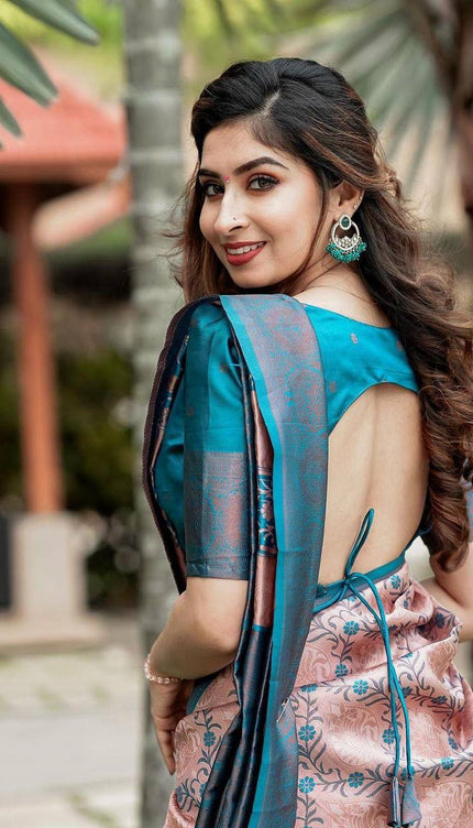 Blush Pink Soft Silk Saree with Teal Blue Contrast Border