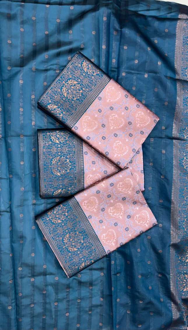 Blush Pink Soft Silk Saree with Teal Blue Contrast Border